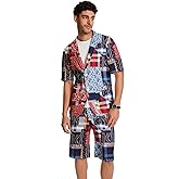 BYBNOLL Men's 2 Piece Shirts Suits Printed Short Sleeve Casual Outfit Barge Collar 2 Buttons for Hawaii Vacation Travel