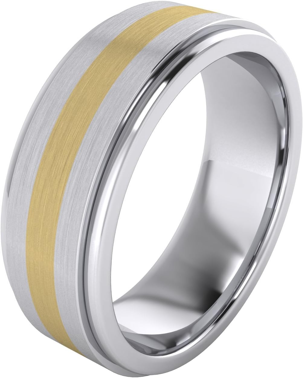 Solid Gold Inlaid Heavy 8mm Sterling Silver Mens Wedding Band Raised Center Comfort Fit Two Tone