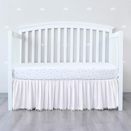Amazon Com White Crib Skirt Pleated With Lovely Pompoms Bedding Dust Ruffle For Baby Girls And Baby Boys 14 Drop Fit All Standard Crib Bed White Microfiber Baby