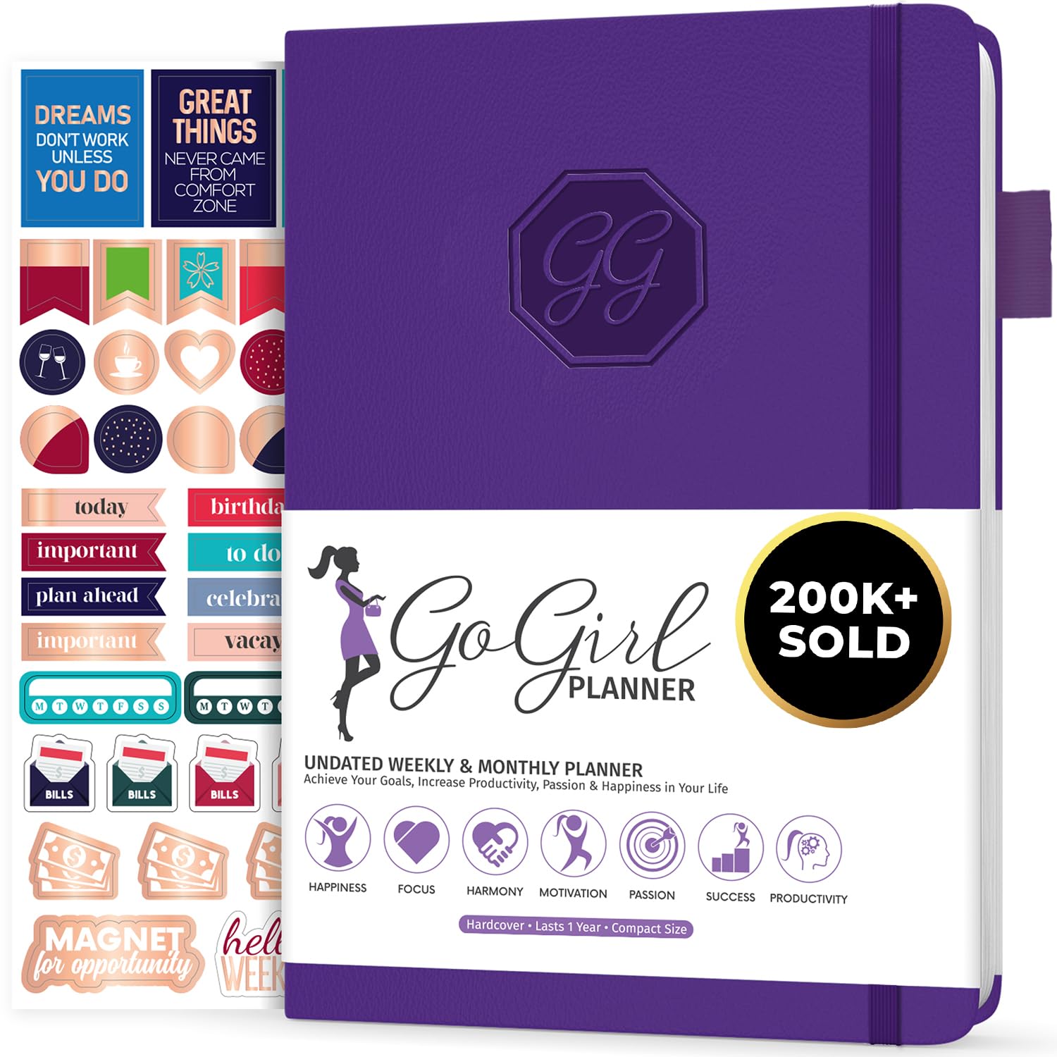 GoGirl Planner and Organizer for Women – Compact Size Weekly Planner, Goals Journal & Agenda to Improve Time Management, Productivity & Live Happier. Undated – Start Anytime, Lasts 1 Year – Purple