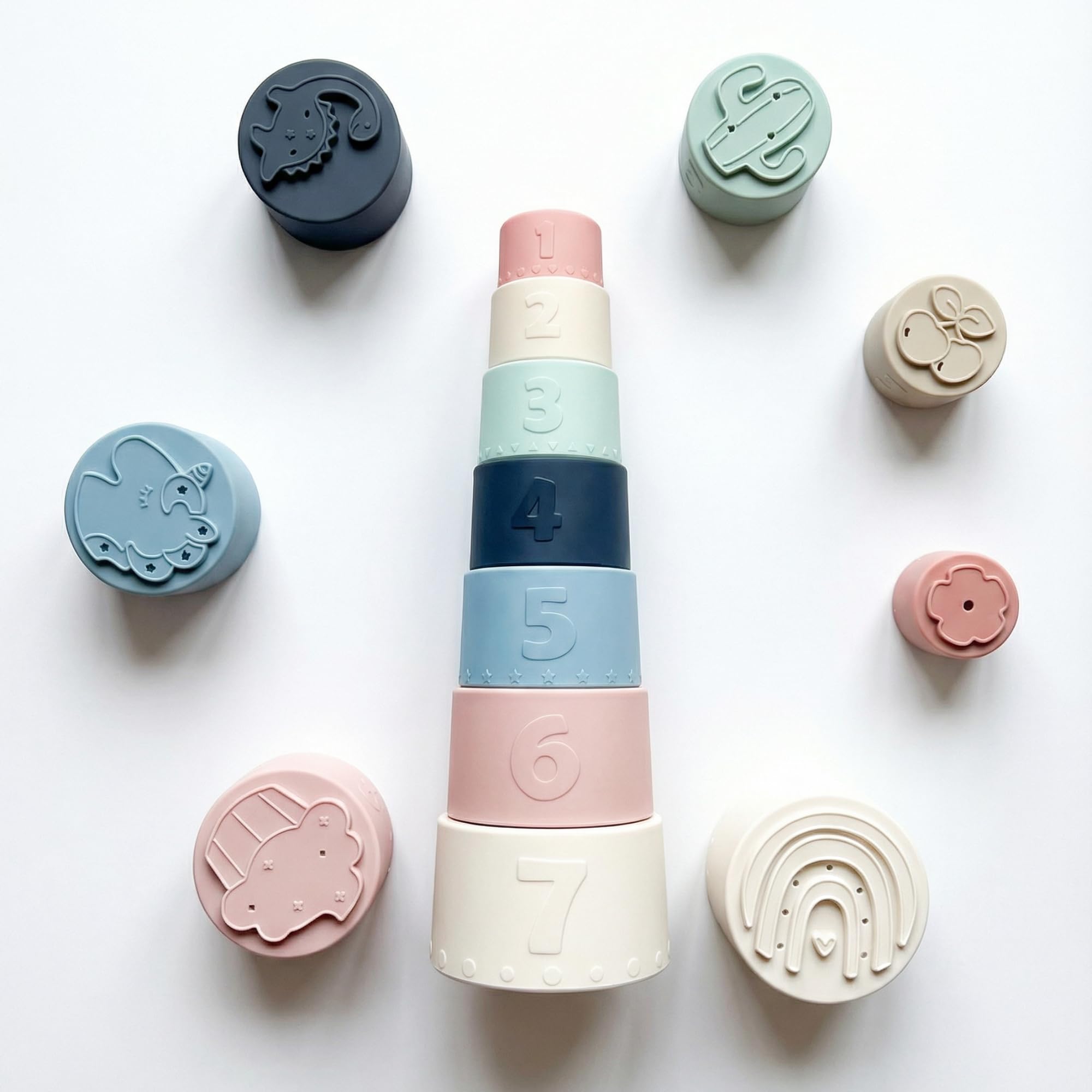 Super Doopers Silicone Stacking Cups – Gentle Day Pastel Set – 7-Piece Bath Play Toy, BPA-Free Silicone, Montessori Sensory Toy, Ages 6 Months+