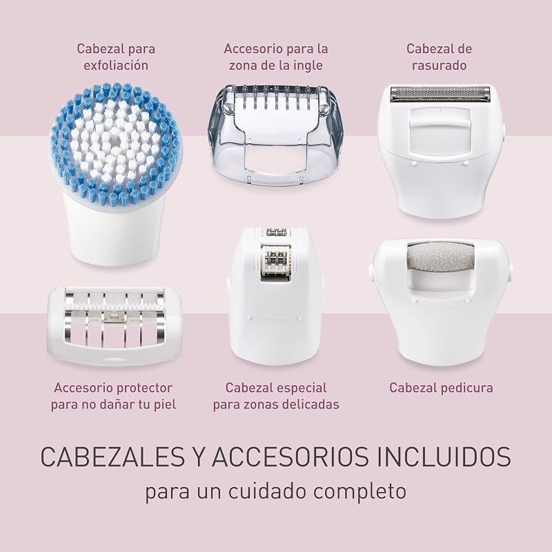 ES-EY90-A503 Húmedo y Seco Depiladora, Doble Disco con 60 Pinzas, Flexible 90º Pivotante Cabeza, 3 velocidad Ajustes, LED Luz, 30 Min de Operación, Cabeza para Cuidado Pies, Cabeza Afeitado