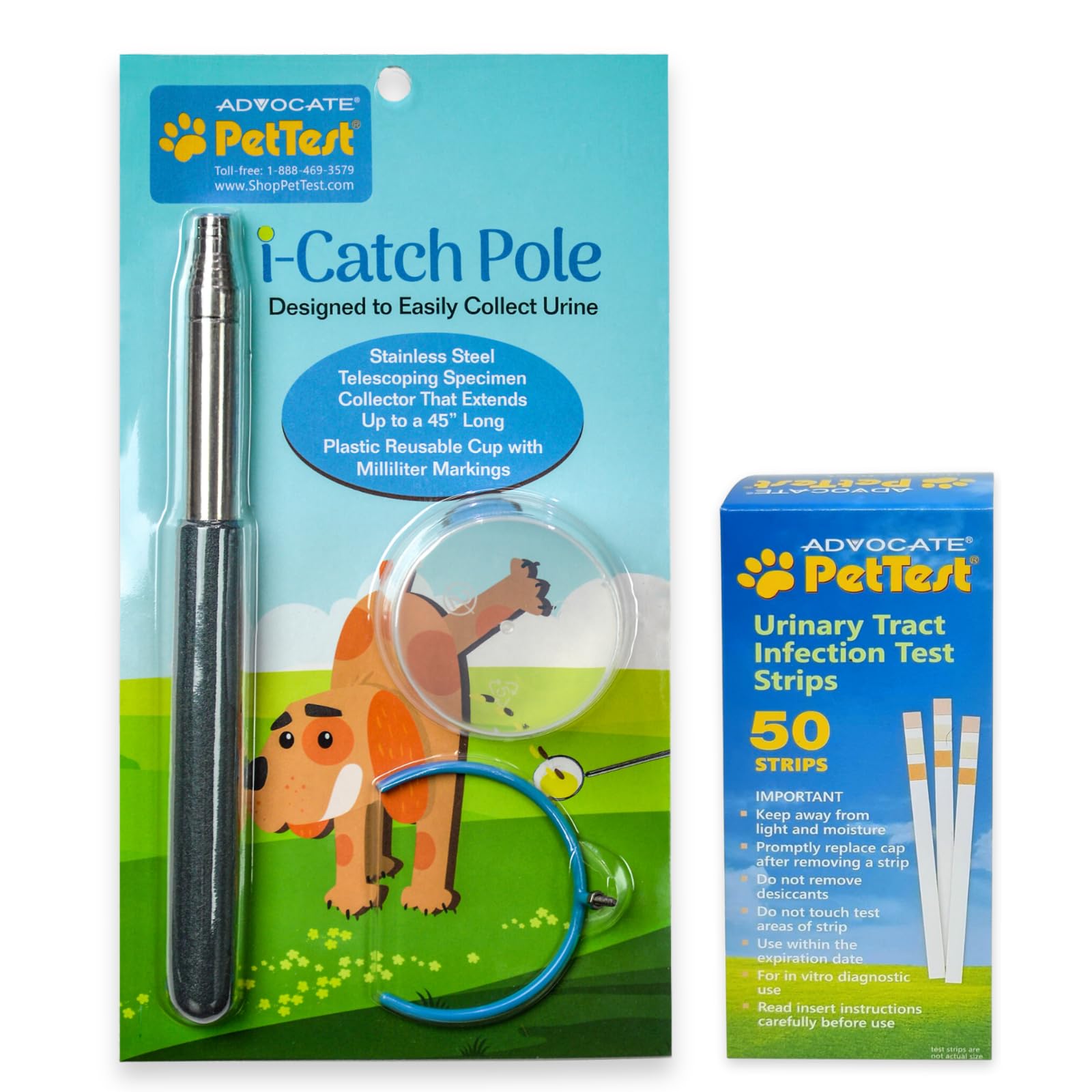 Pet UTI Test Strips with Urine Collector Telescoping Pole - 50 Strips of Rapid Detection for Urine Testing of Cats and Dogs with extendable Urine Catcher up to 45 inches - Home Test kit for Home Test