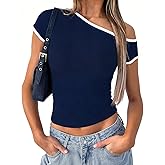 LEEDYA Off The Shoulder Tops for Women Summer Short Sleeve Basic Slim Fit Crop Top Sexy Y2K Going Out T Shirts