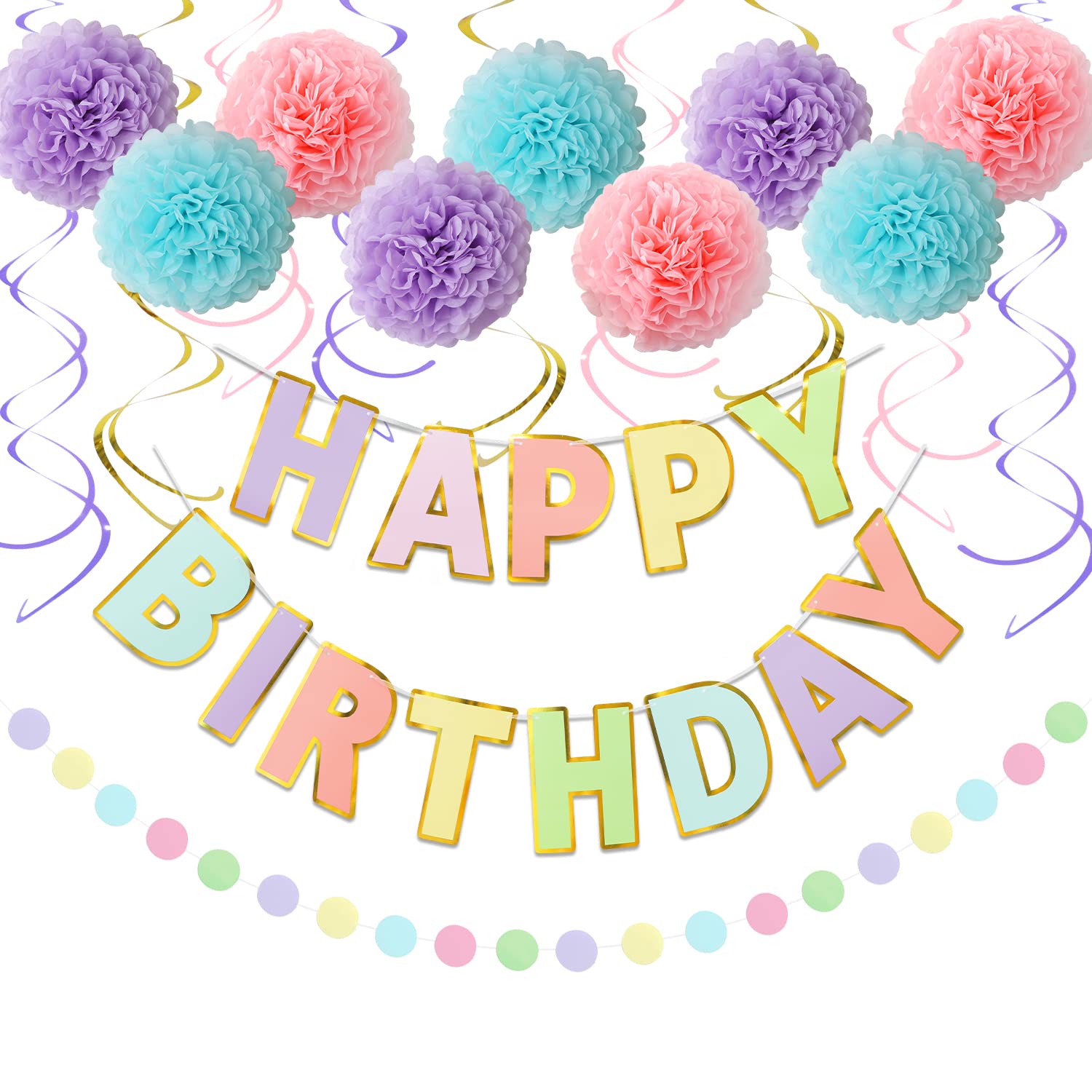 Photo 1 of LITAUS Macaron Birthday Decorations - 20-Pc Set with Pre-Strung Happy Birthday Banner, Tissue Paper, Garland, Swirls | Pastel Party Supplies for Women Girls Baby Shower, Adults Birthday Party Decor