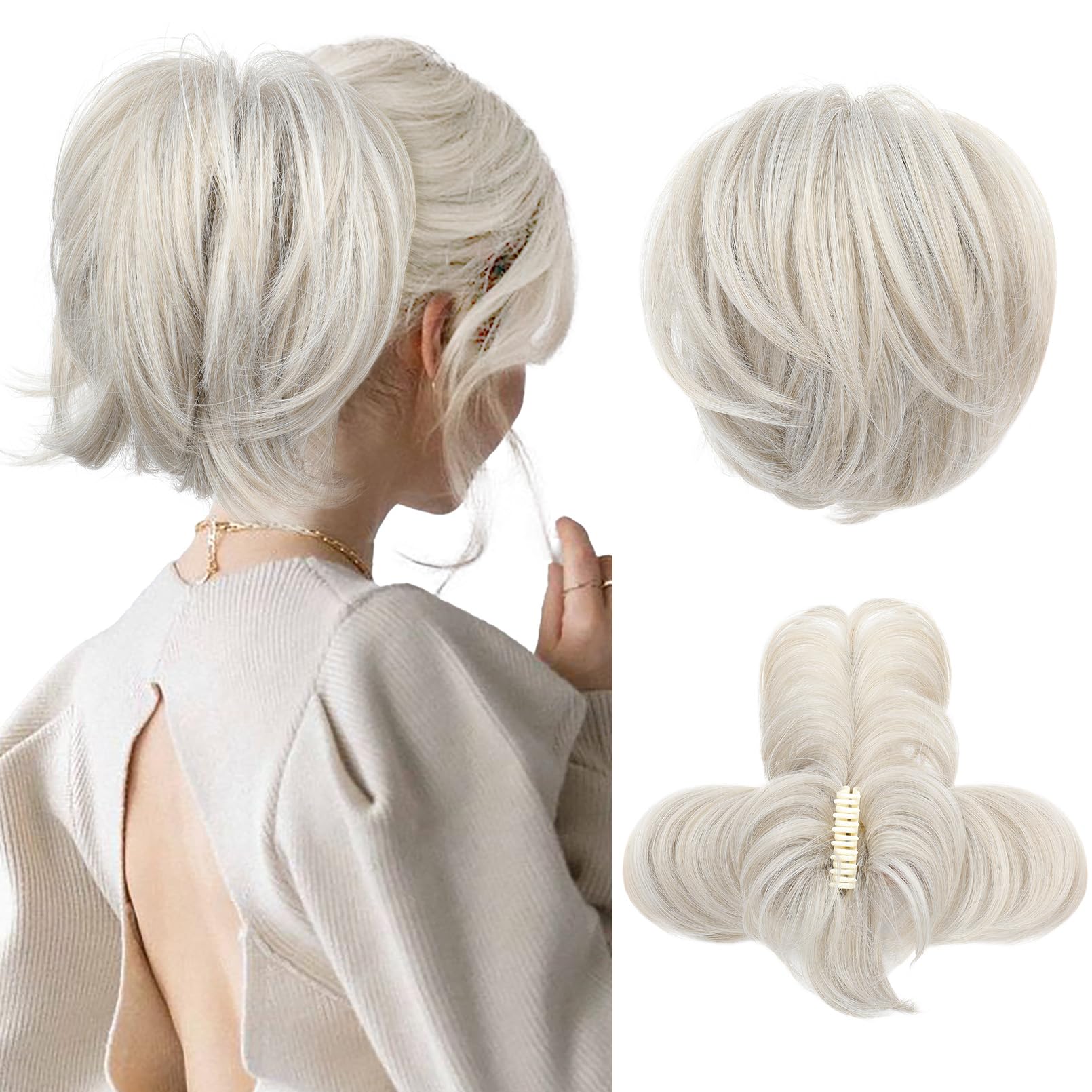 REECHO Hair Bun, Claw Clip Messy Bun Hair Piece Short Ponytail Extension with Bendable Metal Wire Fake Bun Hair Pieces for Women - Pearl Platinum