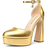 HDEUOLM Womens Chunky Block High Platform Heel Round Toe Closed Toe Pumps Two-Piece Ankle Strap Buckle Party Cute 5.3 Inches Heels