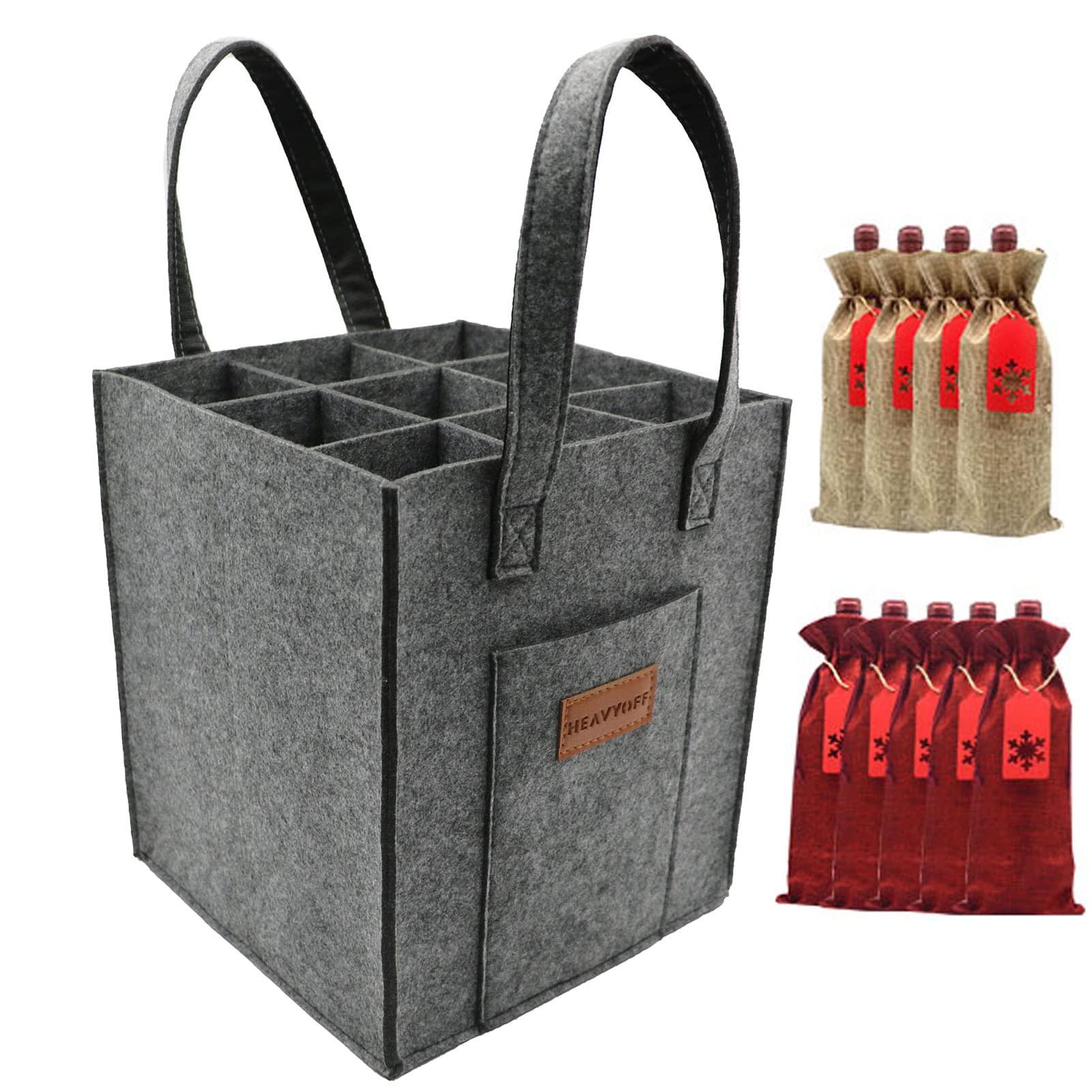 Heavyoff Wine Bottle Carrier Felt Wine Holder Bag with Removable Divider 9 Bottles for Travel Party Holiday