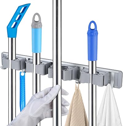 Vicloon Broom Holder Wall 4 Racks 5 Hooks Mop Organizer Tool Mount