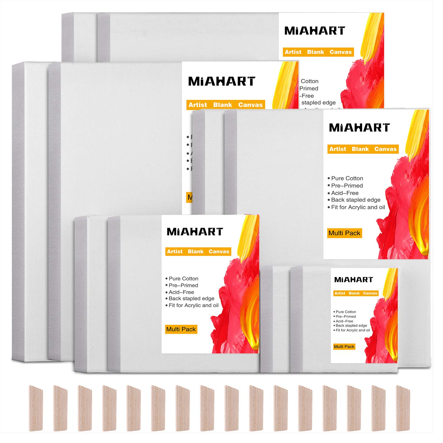 MIAHART 10 Set Artist Blank Canvas for Acrylic Oil Painting in 5 Assorted Size Stretched Canvas Frame (30x35cm/25x30cm/20x25cm/15x15cm/10x10cm) (10)