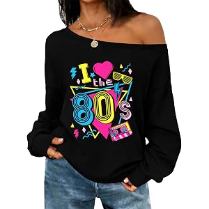 UYIQL 80s Outfit for Women Retro off the Shoulder 80s 90s Disco Party Gifts | Soft Fabric,Vintage,Novelty,Party,Long Sleeve,D