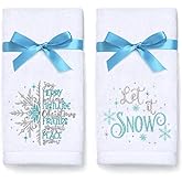 NEWLIGHTURE Winter Hand Towels 2 Pack 100% Cotton Winter Snowflake Embroidery Towels for Bathroom & Kitchen Decor, Holiday Hand Towels with Detachable Blue Bow for Winters Snowflake Decor