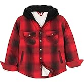ZENTHACE Kids Boys Girls Sherpa Lined Flannel Shacket Jacket,Hooded Plaid Snap Shirt,Fall Winter Playwear