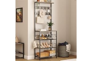 HOMEFORT Coat Rack with Shoe Storage, 5-Tier Shoe and Coat Rack with 9 Clothes Hooks, Freestanding Hall Tree Organizer for Entryway, Bedroom,Grey
