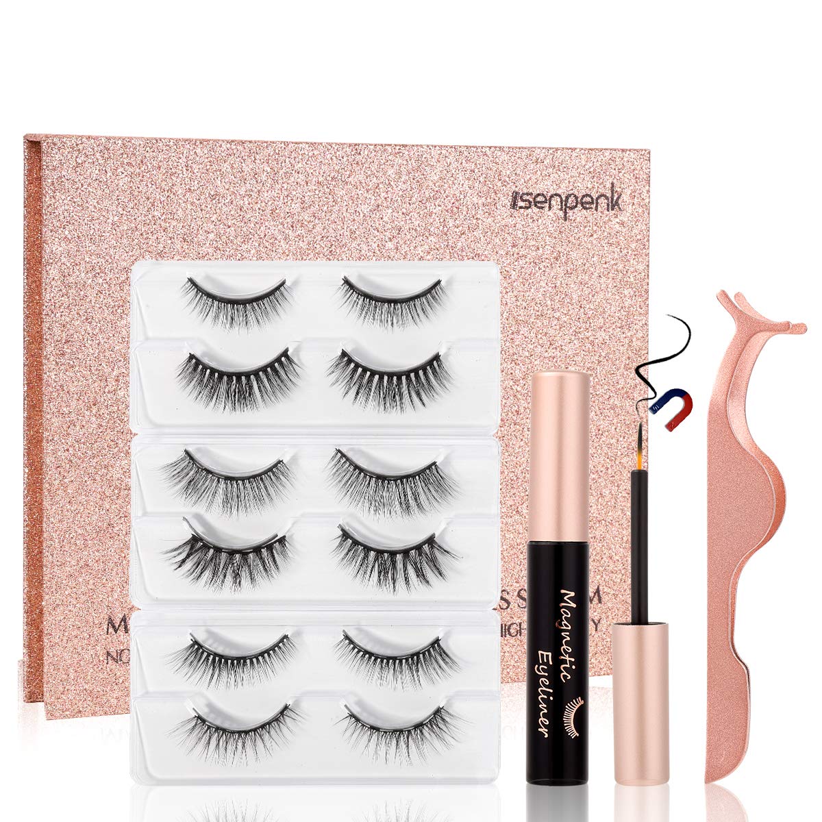 Magnetische Wimpern Eyeliner Kit, 6 Paar Natürlich Wasserdicht Falsche Magnetische Wimpern, 3D Wiederverwendbar Magnetischer Eyeliner 10Ml, Leder-Geschenkbox (Roségold)