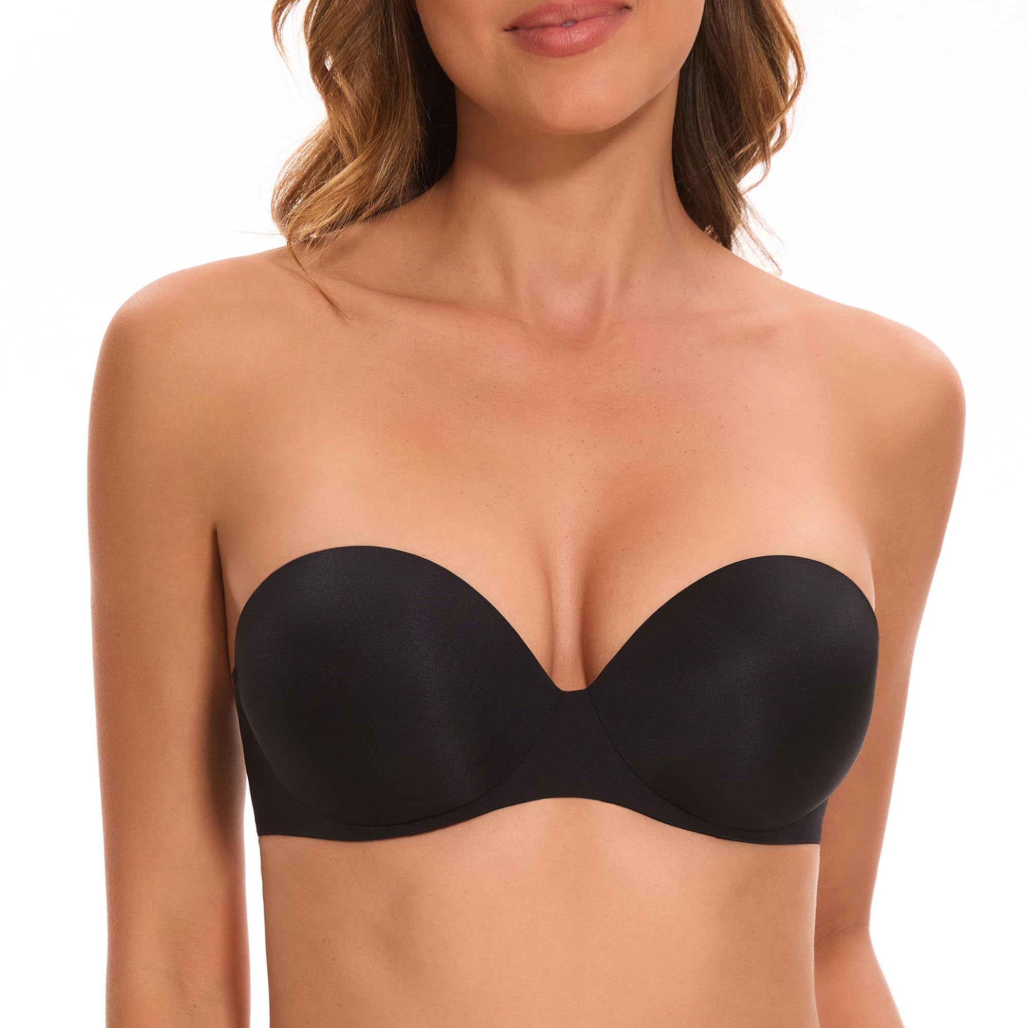 Photo 1 of Women's Strapless Bra Push Up-Non Slip Invisible Padded Balconette Underwire Low Back Multiway Bandeau Bra for Comfort Lift(Black, 34B)
