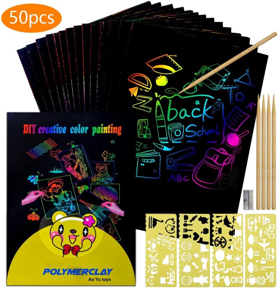 Matricey Art and Crafts Supplies DIY Rainbow Scratch Art Paper Set 50 Pcs for Kids Teenager