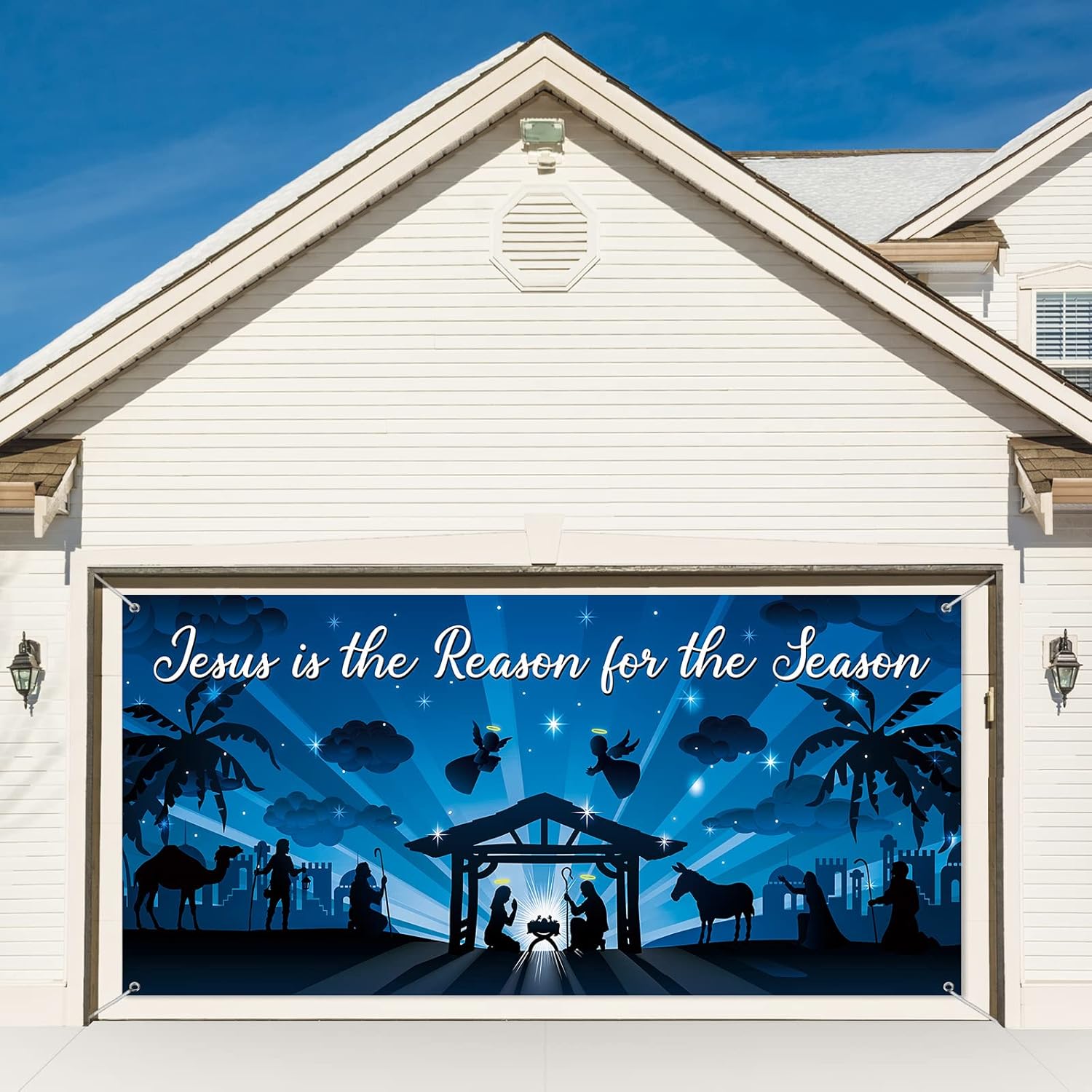 Garage Door Decorations - 6 x 13 ft Holy Nativity Garage Door Banner Cover Outdoor Large Christmas Manger Scene Banner Religious Xmas Backdrop Hanging Decor for Xmas New Year Outdoor Wall Background Photo Props