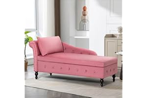 ACMEASE Upholstered Velvet Chaise Lounge with Left Armrest & Storage Space,Button Tufted Lounge Chair w/Lumbar Pillow,Modern Lounge Chair for Bedroom, Living Room and Office,Pink