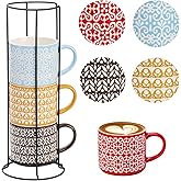 Hiceeden Set of 4 Stackable Coffee Mugs with Rack, 15 oz Colorful Ceramic Coffee Mugs with Metal Stand, Coffee Cup Set for Espresso, Cocoa, Latte, Americano, Cappuccino, Tea, Milk, Multi-colored