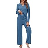 OUGES 100% Cotton Womens Maternity Nursing Pajamas Sets 2 Piece Pregnancy Delivery Postpartum Lounge Pjs with Pockets