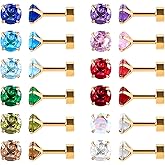 12 Pairs Flat Back Stud Earrings for Women Screw Back Surgical Stainless Steel 18K Gold Plated Silver Heart Star Round Cubic Zirconia CZ Birthstone Stud Earrings Set
