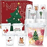 Xuelimei 12oz Christmas Disposable Plastic Cups with Strawless Sip Lids-Xmas Tree Santa Reindeer Snow Cold Drinks, Coffee, Beer, Drinks, Ice Cream, Drinking Cups for Party Supplies. (100)