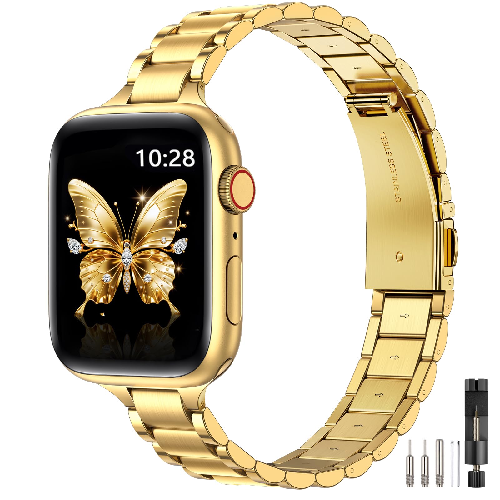 WFEAGL Slim Straps Compatible with Apple Watch Straps 40mm 38mm 41mm 42mm(Series 11 10),Slim Stainless Steel Replacement Strap Compatible iWatch SE/Ultra/iWatch Series 11 10 9 8 7 6 5 4 3 2 1,Gold