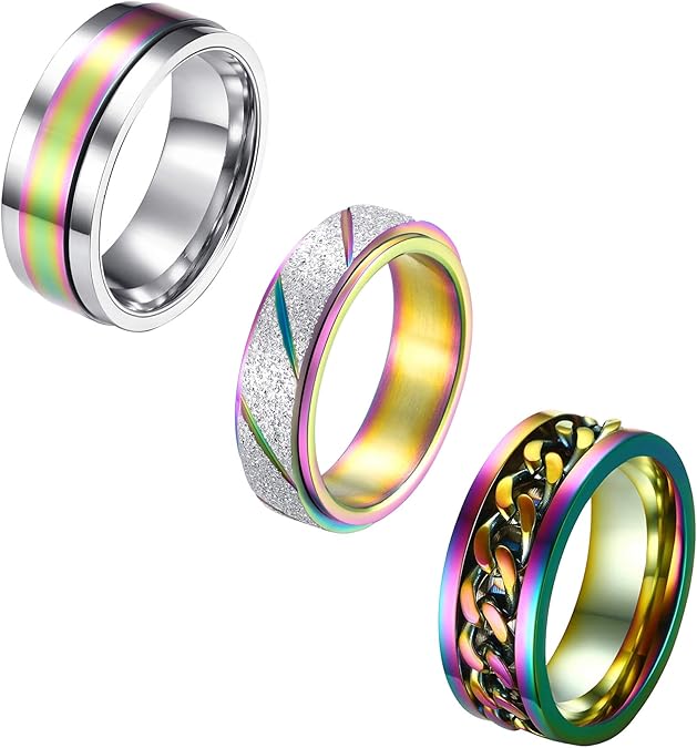 ALEXTINA 3Pcs Unique Fidget Rings for Men Women Cool Stainless Steel