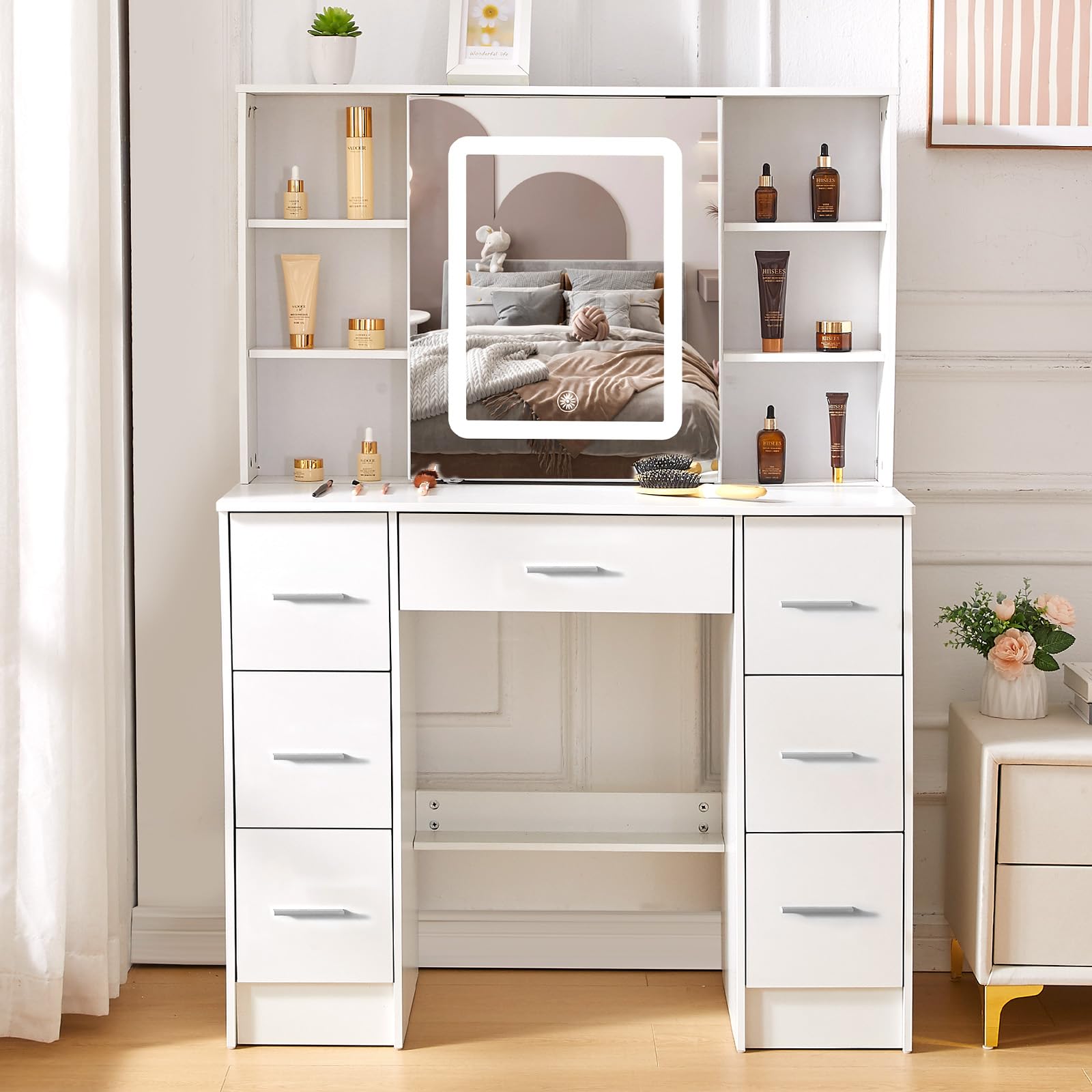 Photo 1 of Abesthink Vanity Table with Sliding Touch Led Lighted Mirror, Makeup Vanity Desk with Mirror and LED Lights, 39.4" W Makeup Table with 7 Drawers, White