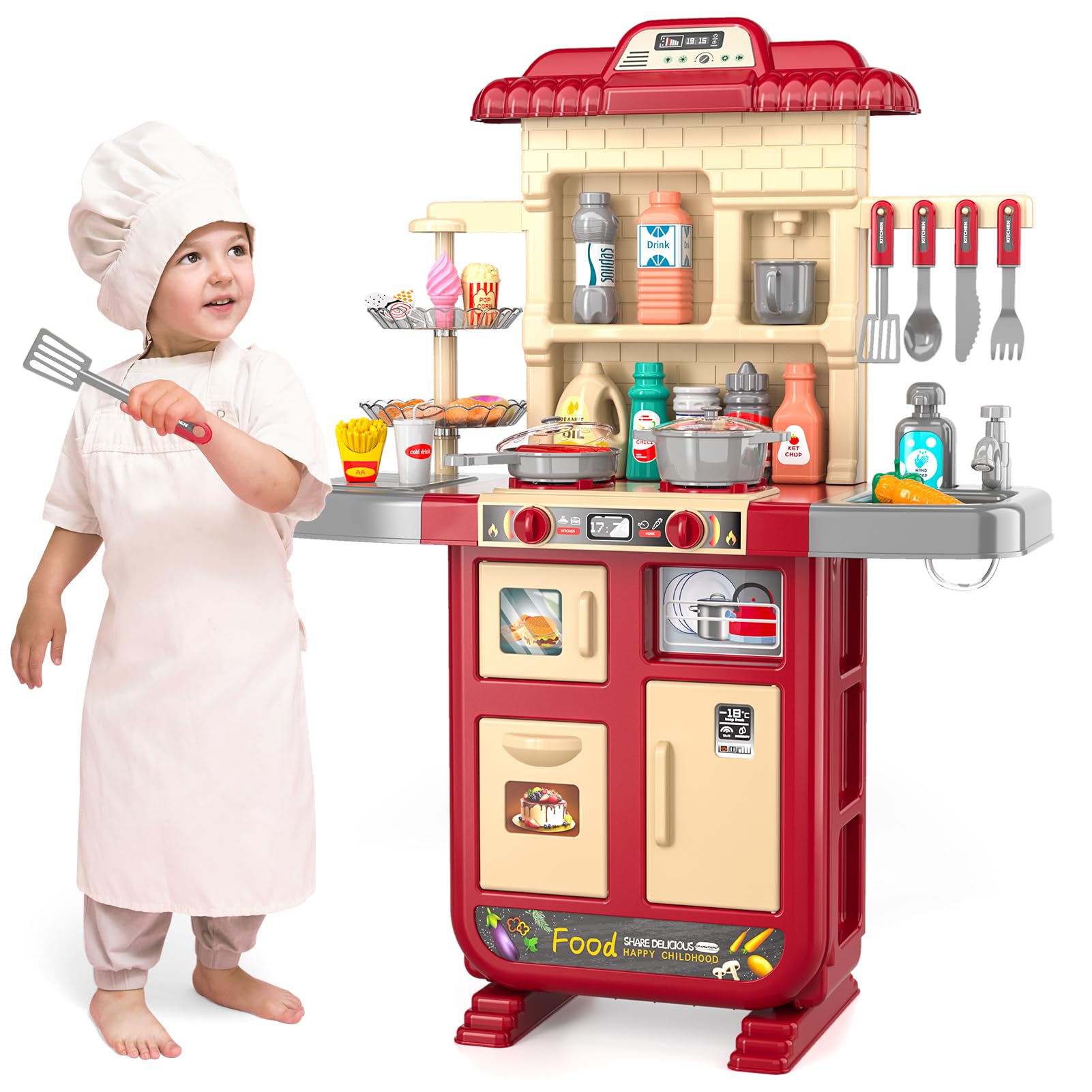BLmukce Kids Kitchen Toy and Play Food Set, Pretend Cooking Kit with Cookware, Utensils, Fruits and Vegetables, Food Role Play Set for Toddlers and Children (Red-2)