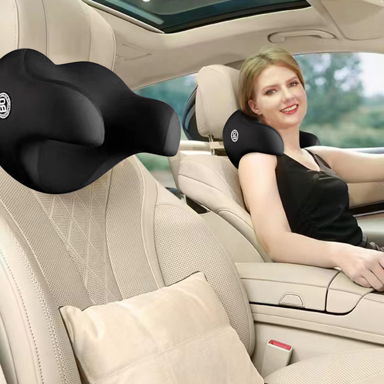 View 1 of **NO BOX**SPRFUFLY U-Shaped Car Headrest Pillow for Sleeping, 100% Memory Foam Car Pillow with Breathable Removable Cover, Ergonomic Design - Ideal Car Companion for Naps & Neck Pain Relief (Black, 1PC)
