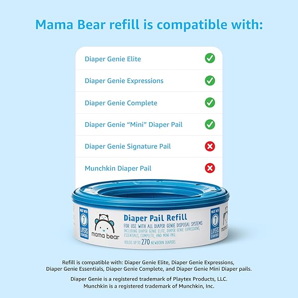 AMAZON BRAND – MAMA BEAR DIAPER PAIL REFILLS FOR DIAPER GENIE PAILS, ODOR CONTROL, UNSCENTED, 270 COUNT (PACK OF 1)