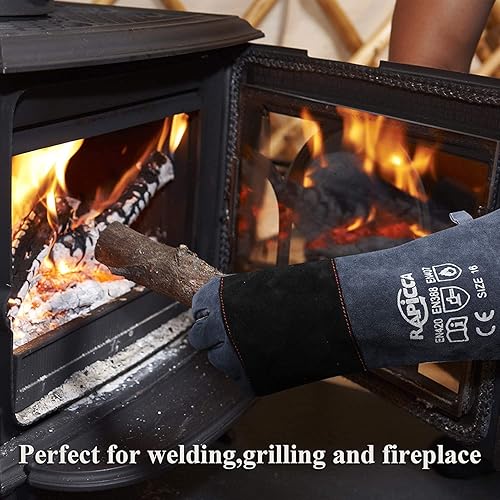Fireplace Gloves Fire Heat Resistant: Dark-Grey 16IN 932℉ Fireproof  Leather for Fireplace Fire Pit Wood Stov