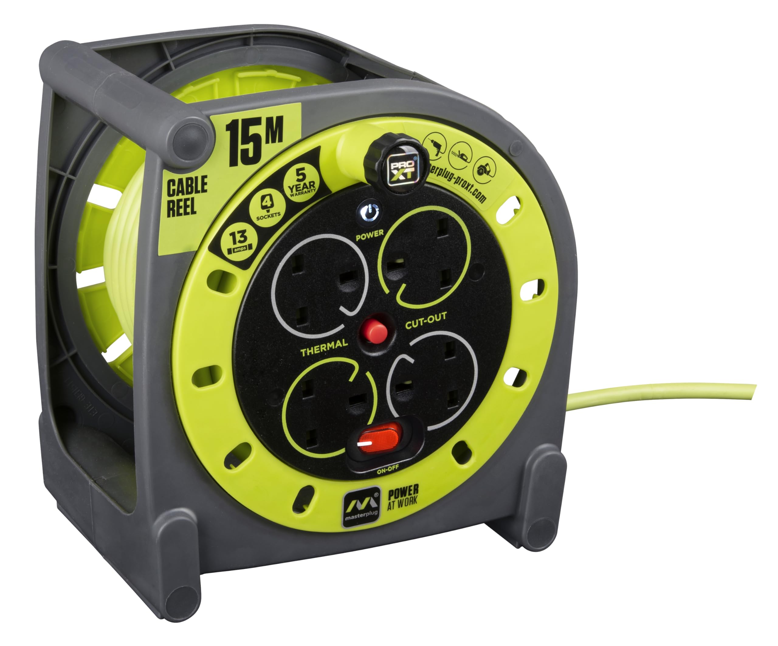 Masterplug Four Socket, 15 Metre Premium Case Reel, Medium Power Cable Extension Reel, Thermal Cut-Out & Power Indicator, Heavy Duty, Pro-XT, Grey/Green, 13A, 4G, 15m, HMU15134SL