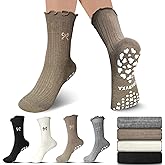 COARVXA 4 Pairs Cute Pilates Grip Socks for Women Ruffle Frilly Bow Embroidery Non Slip Grip Socks for Yoga, Barre, Barefoot