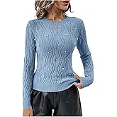 Floerns Women's Pearl Beaded Sweater Crewneck Long Sleeve Hollow Out Knitted Pullovers
