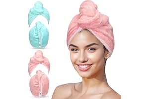 BABYSHEEP Microfiber Hair Towel Wrap for Women, Hair Drying Towel with Button, Super Absorbent Quick Dry Hair Turban for Curly Long Thick Hair (Pink & Blue)