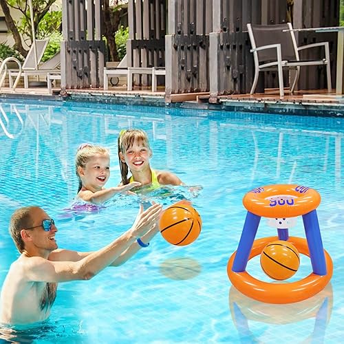 Pool Toys Games Set,Pool Basketball Hoop Inflatable Cross Ring Toss Game  and Inflatable Cactus Kids for Teens