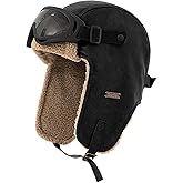 Peicees Vintage Aviator Hat and Goggles Waterproof Leather Trapper Hat with Ear Flaps Pilot Costume for Adult Ski Goggles