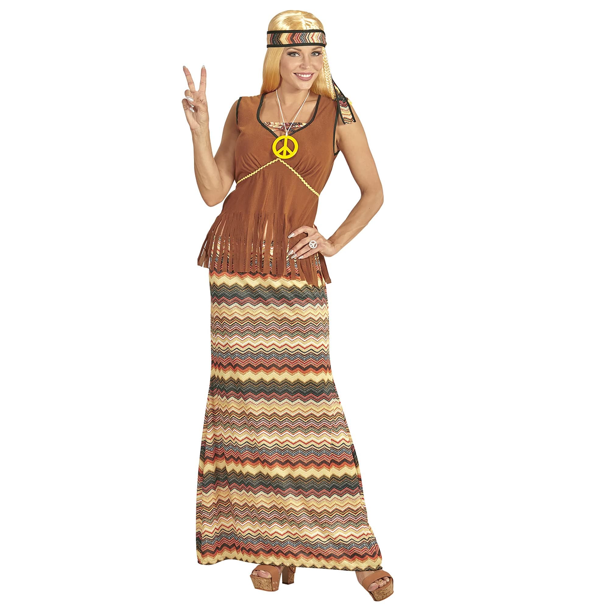 Widmann adult's hippie woman costume, dress with jacket, skirt, headband and necklace with peace sign