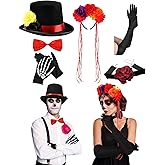 Cotwinter 6 Pcs Day of the Dead Couple Costume Accessories Set Women Flower Crown Headband Red Choker Necklaces Long Arm Gloves Skeleton Gloves Men Hat with Bow Tie Dia De Los Muertos Outfit