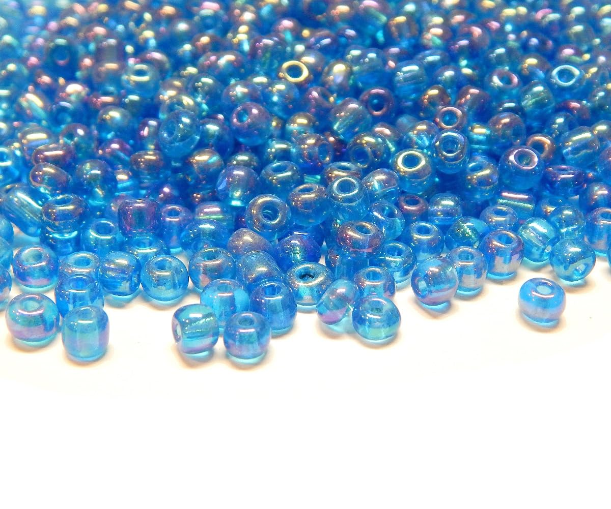 Pack of 1100 Glass Seed Beads 4 mm, 6/0, Pony Beads, Round Mini Beads, Seed Beads, (Blue AB Transparent)