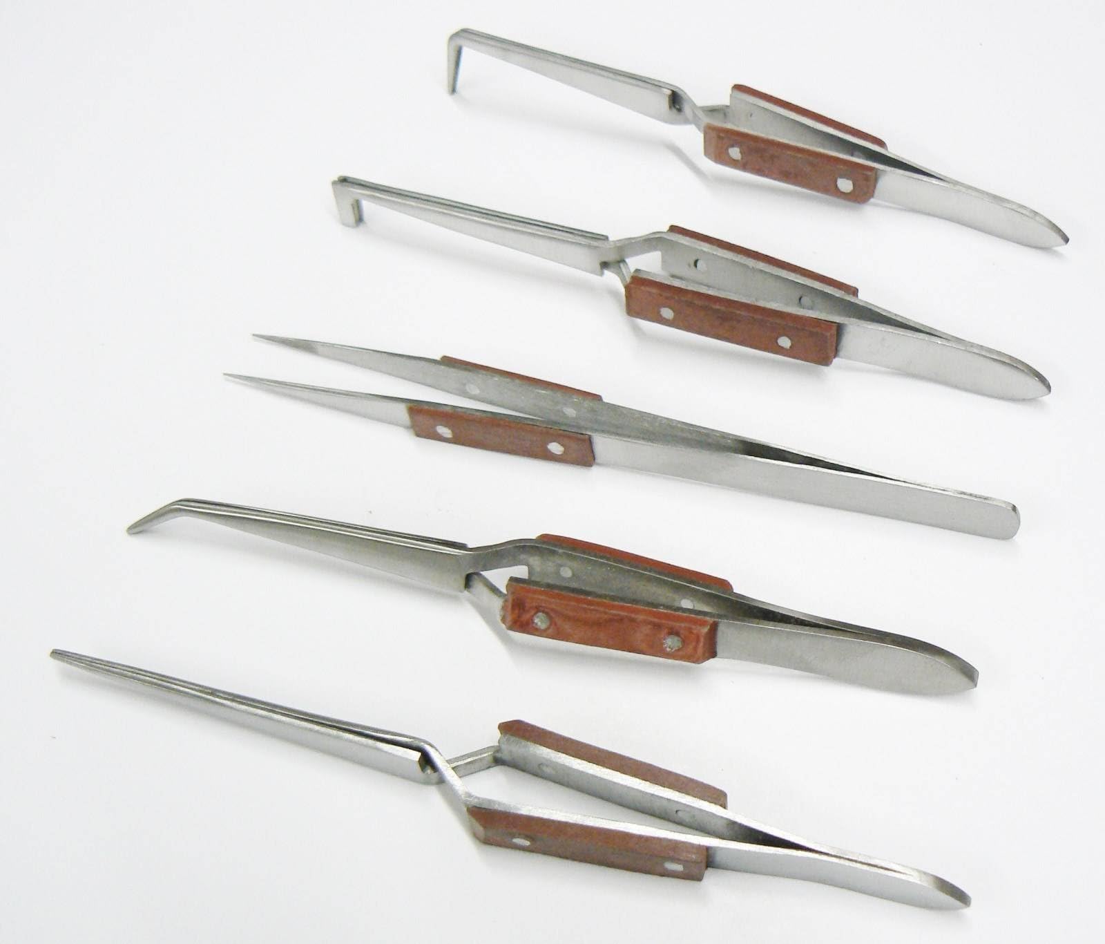 (TOOLS LAND) TWEEZERS JEWELRY SOLDERING FIBER GRIP CROSS LOCKING SET 5 Pc BENT & STRAIGHT TIP (E 5)