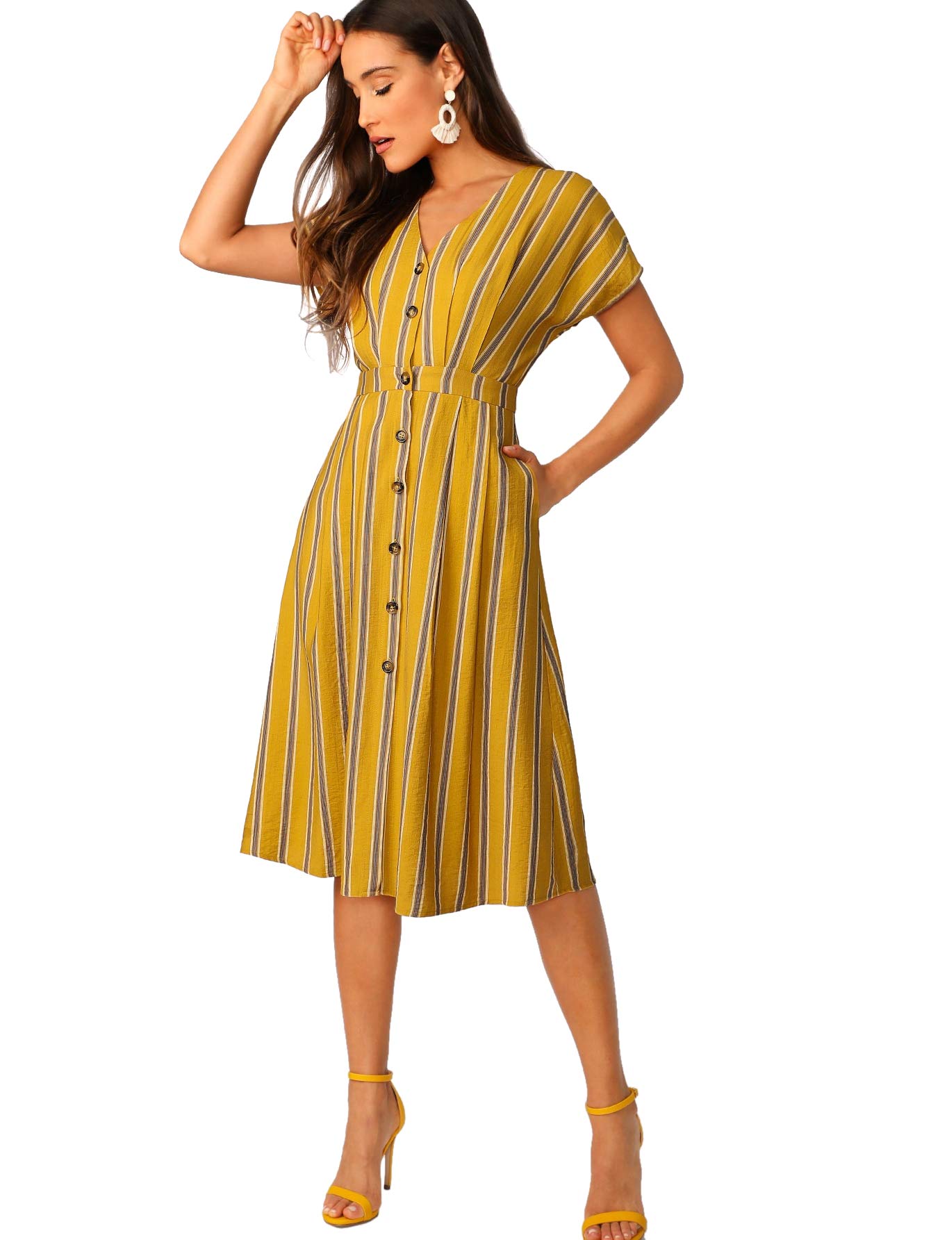 Romwe Women's Elegant Striped Aline Shirt Dress with Pockets