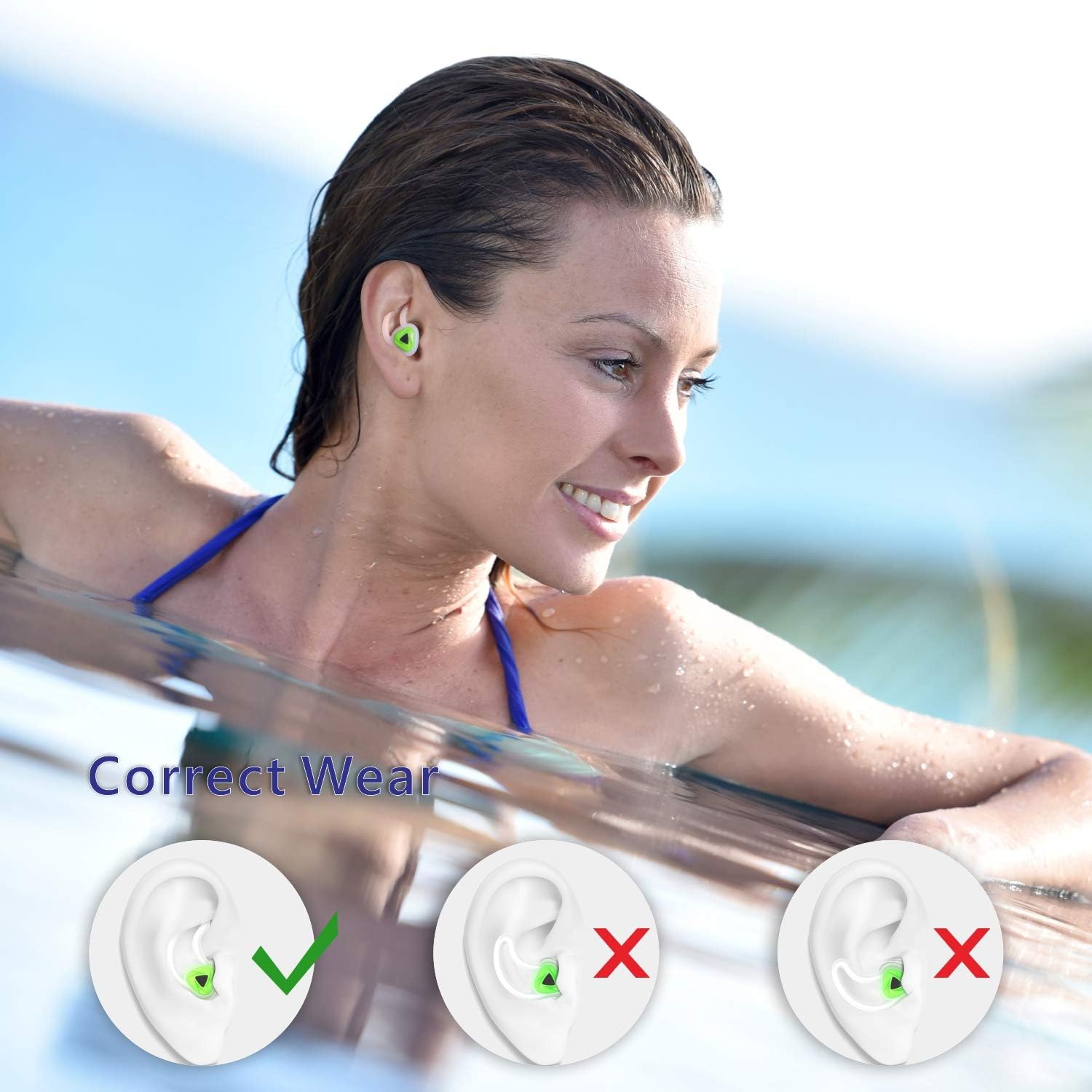Swimming Ear Plugs, New Upgrade Design Waterproof Reusable Silicone Swim Ear Plugs for Swimmer Showering Bathing Surfing Snorkeling and Other Water Sports (Green): Health & Personal Care
