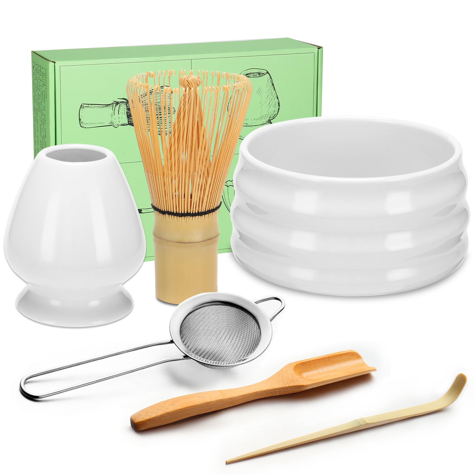 Geebuzz Matcha Whisk Set - Matcha Bowl and Bamboo Matcha Whisk, Scoop, Spoon, Sifter, Whisk Holder, 6pcs Perfect Matcha Starter Kit for Matcha Tea Ceremony (White)