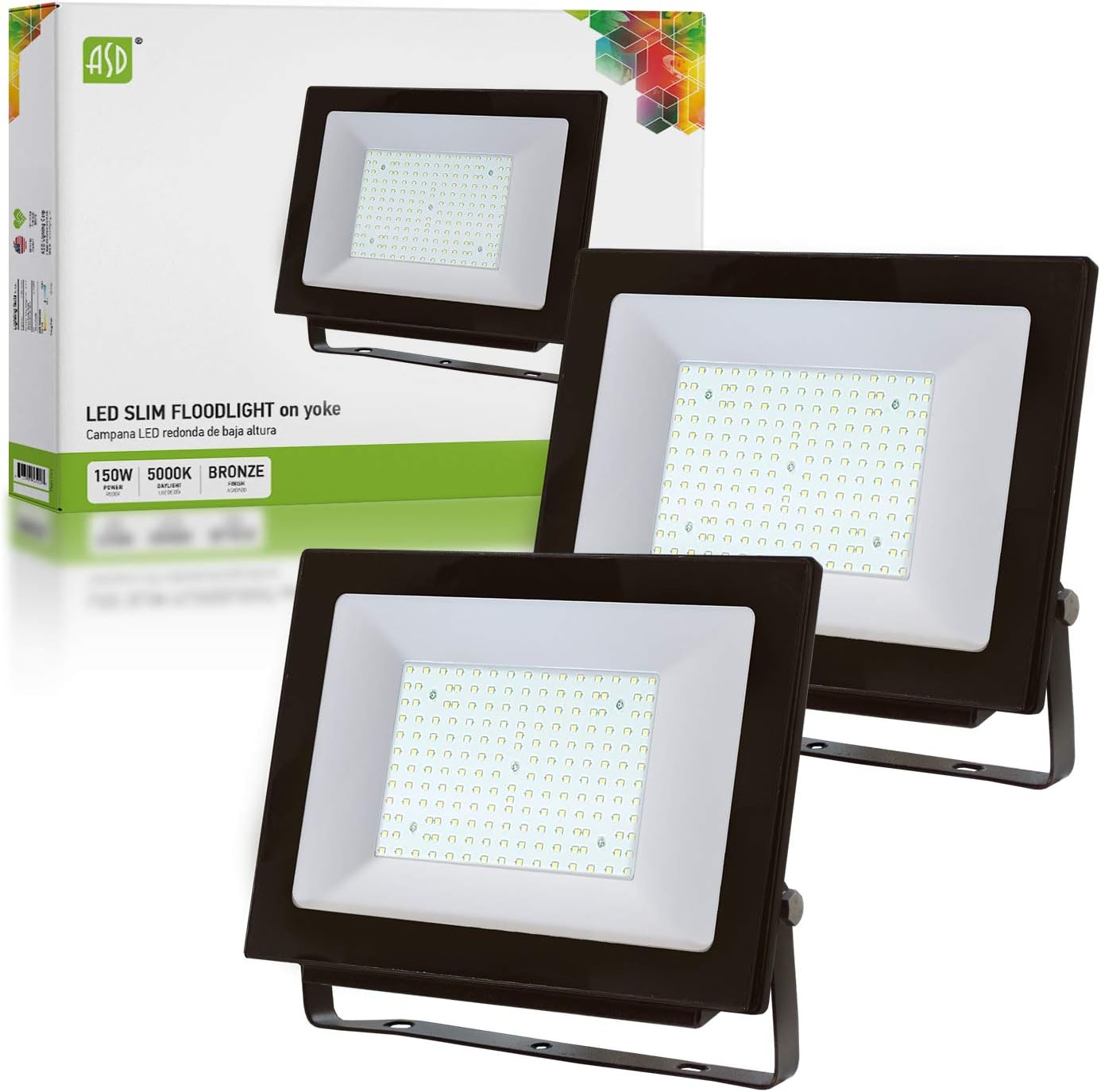 ASD 2 Pack 150W LED Flood Light Outdoor 5000K 15868Lm 120V UL-Listed - Waterproof Backyard Lights - Super Bright Outdoor Flood Light - Yard Garden Playground Garages Lights - 350W Equiv. - Bronze