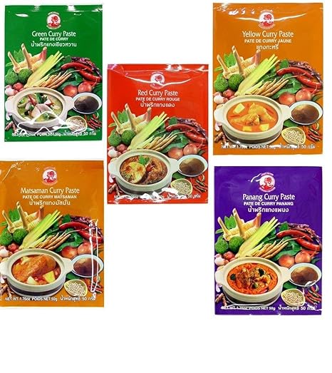Cock Brand - 5 verschiedene Curry Pasten je 50g (Rote, Gelbe, Grüne, Panang, Matsaman)