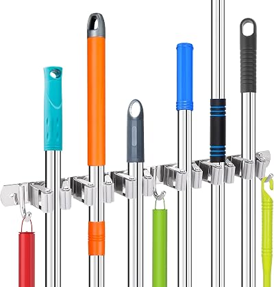 Hejo Mop and Broom Holder Wall Mounted 6 Racks 3 Hooks Heavy Duty Grey